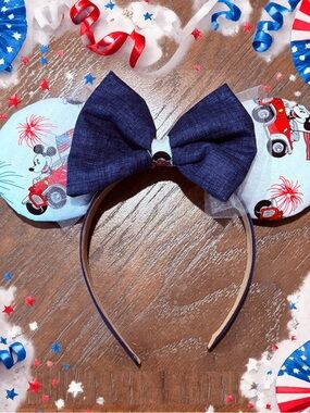 Disney Patriotic Mickey Mouse Ear Headband with Navy Bow white pearl trim